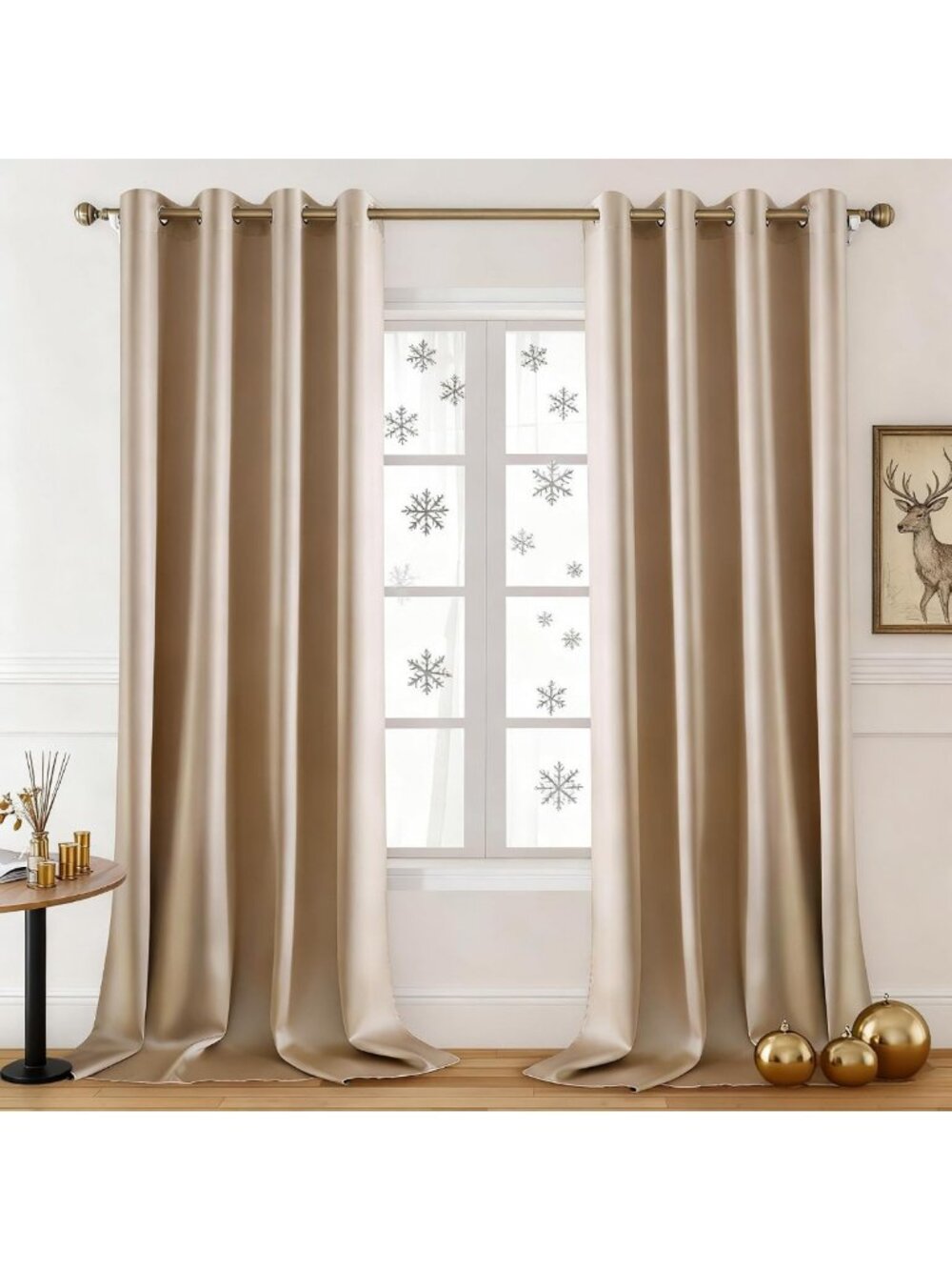 Elegant Faux Silk Beige & Champagne Gold Blackout Curtains - 84''L, 2 Panels